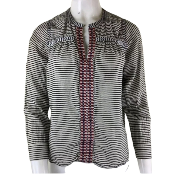 JCrew Womens Blouse Sz 4P Grey Red Embroidered Striped Peasant Blouse V Neck - Picture 1 of 9